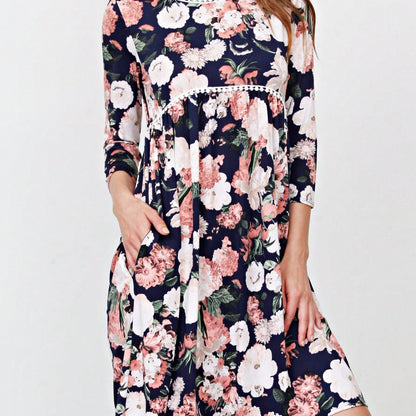 Boho Retro Vintage 60's Vibe Black Floral Tiered PomPom Trimmed Mini Dress
