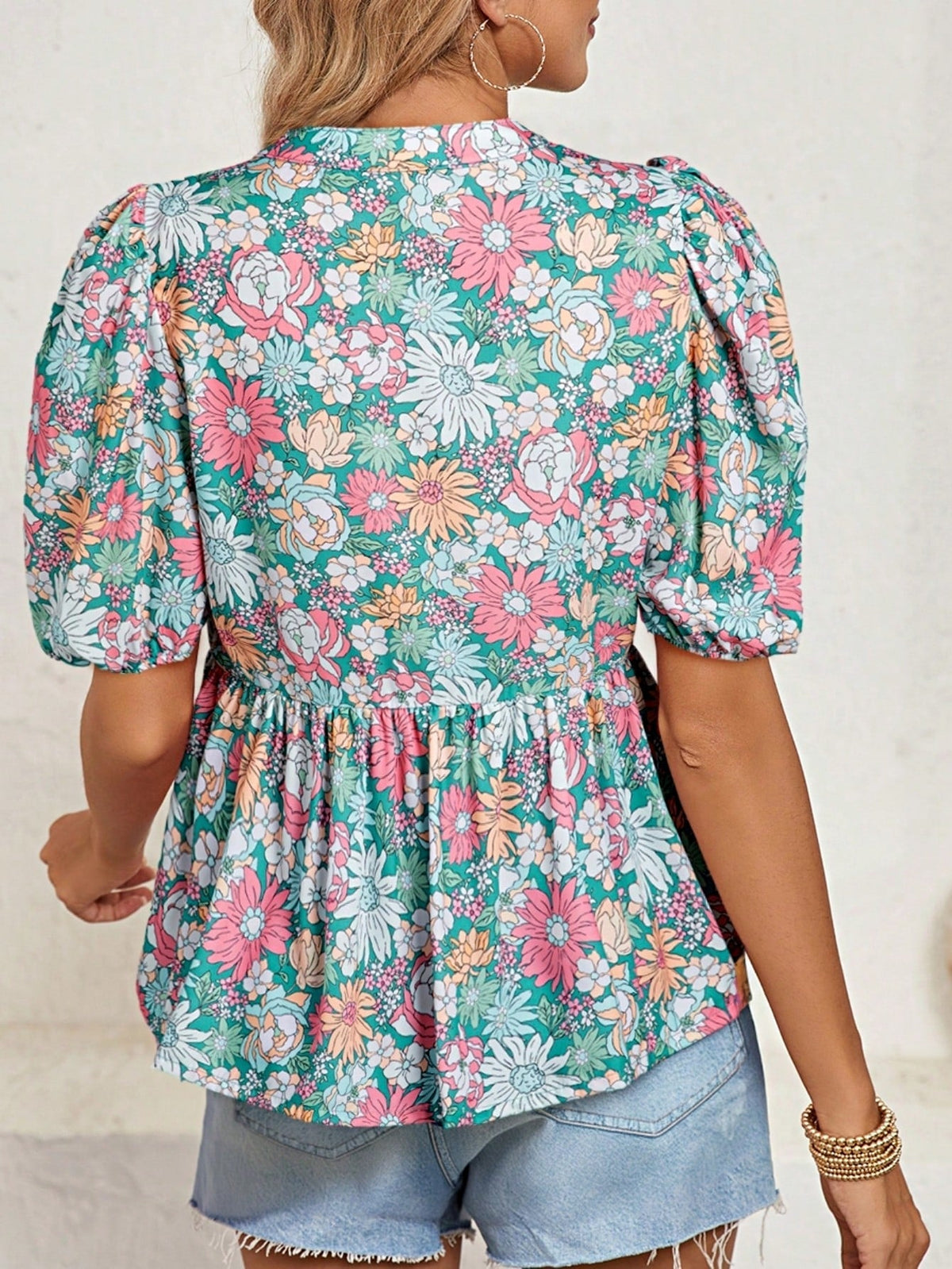 Boho Retro Vintage 60's Vibe Rose Red Floral Pleated Blue Stripe Dolman Bat Wing Ivory Whited Top Shirt Blouse