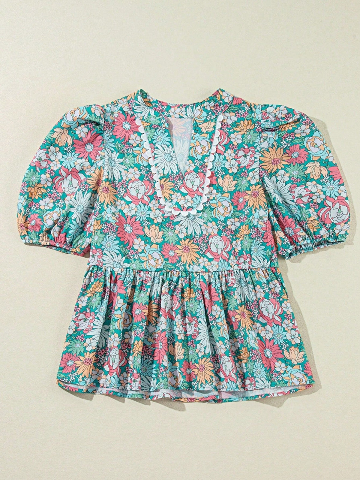 Boho Retro Vintage 60's Vibe Rose Red Floral Pleated Blue Stripe Dolman Bat Wing Ivory Whited Top Shirt Blouse
