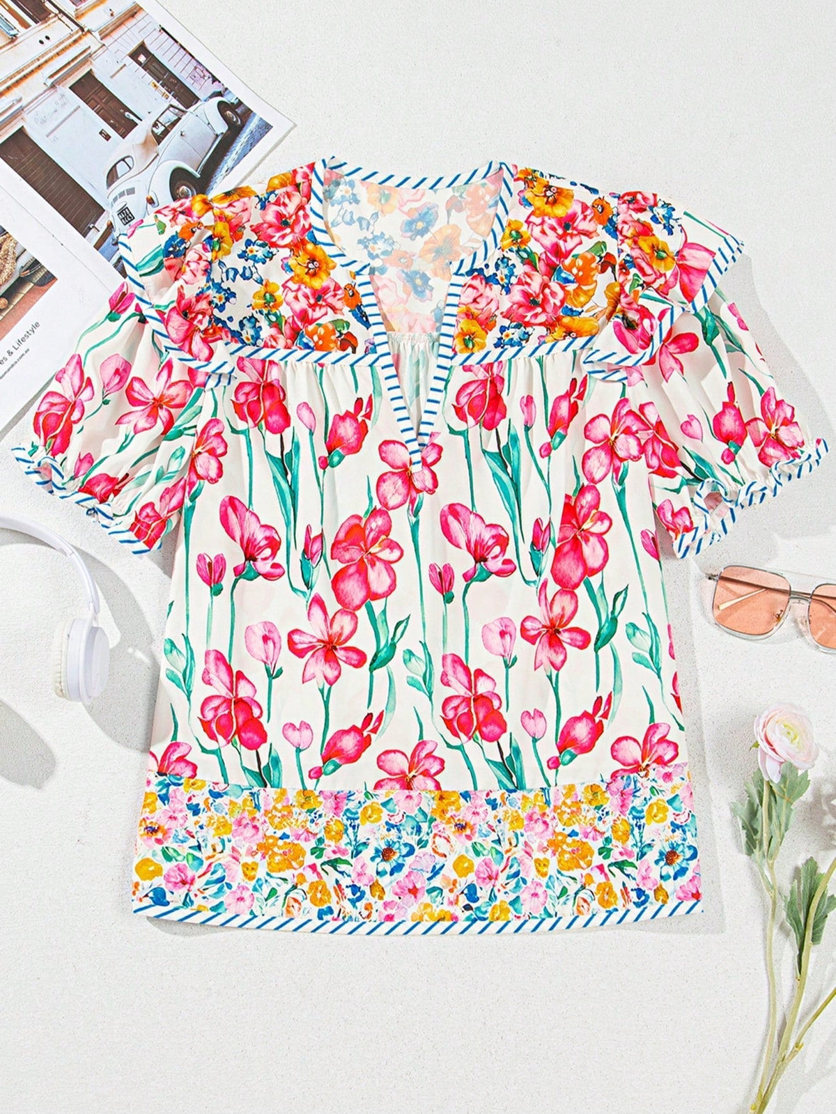 Boho Retro Vintage 60's Vibe Rose  Abstract Print Shirred Mock Button Neck Lantern Puff Bubble Sleeve Top Shirt Blouse