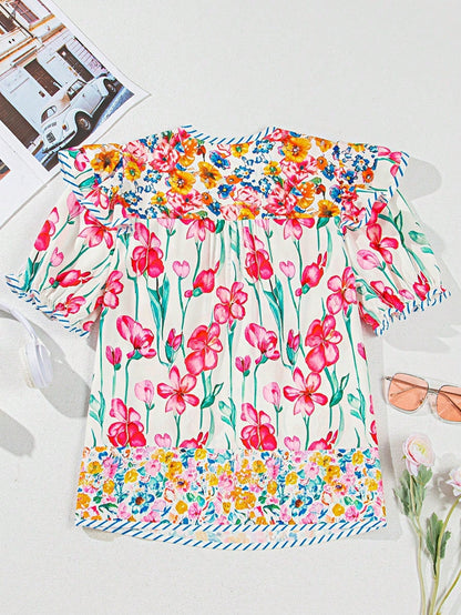 Boho Retro Vintage 60's Vibe Rose  Abstract Print Shirred Mock Button Neck Lantern Puff Bubble Sleeve Top Shirt Blouse