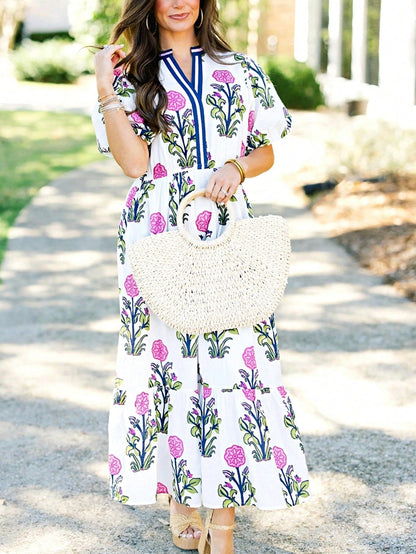 Boho Vacation Geo Smocked Black Pink Wavy Trimmed Tiered Maxi Long Dress V Neck Versatile Summer Dress For Women
