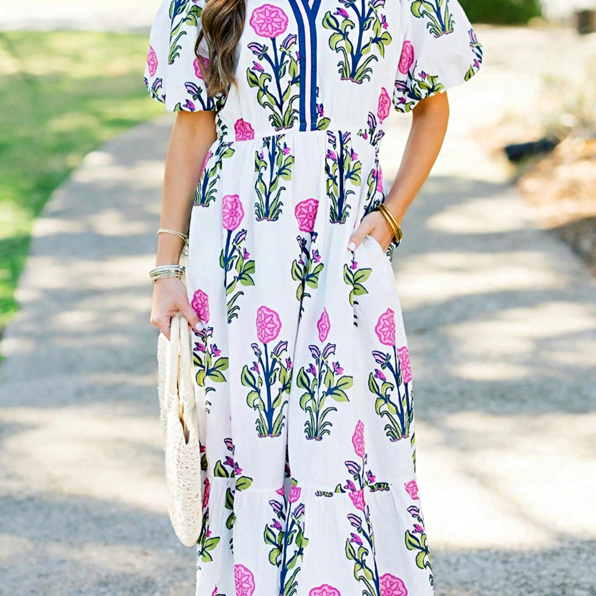 Boho Vacation Geo Smocked Black Pink Wavy Trimmed Tiered Maxi Long Dress V Neck Versatile Summer Dress For Women