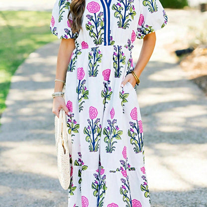 Boho Vacation Geo Smocked Black Pink Wavy Trimmed Tiered Maxi Long Dress V Neck Versatile Summer Dress For Women