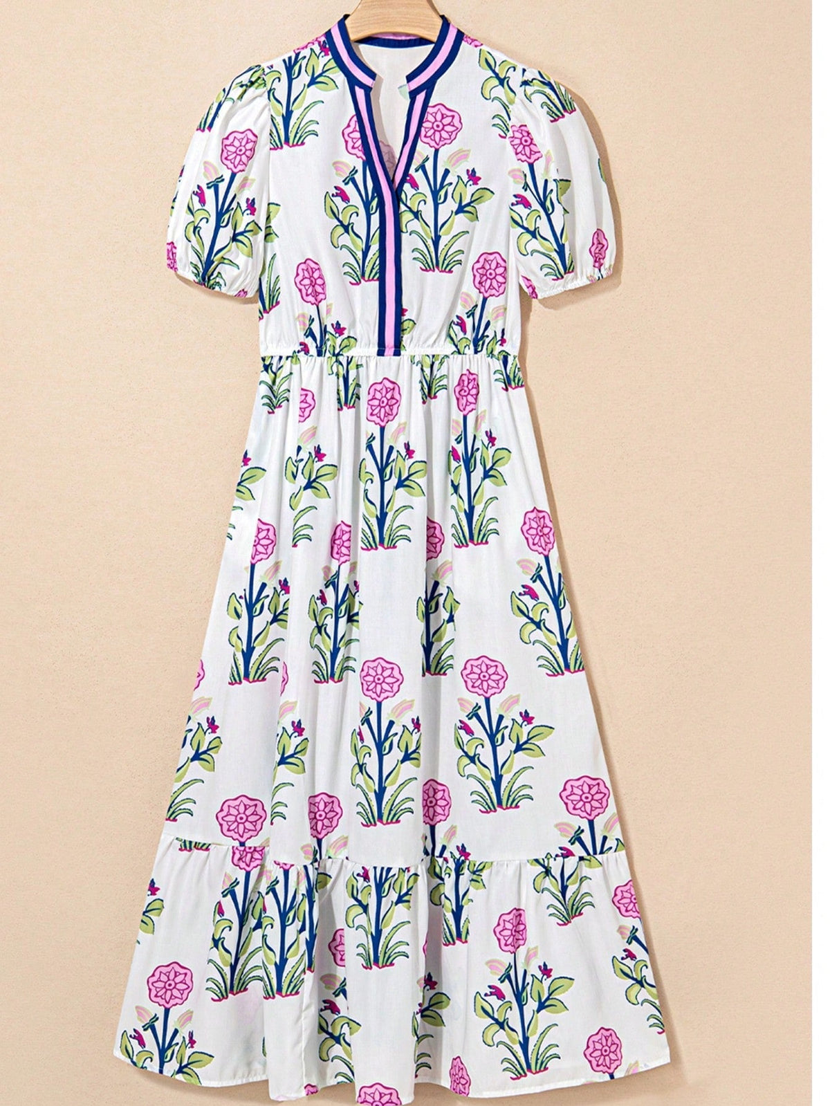 Boho Vacation Geo Smocked Black Pink Wavy Trimmed Tiered Maxi Long Dress V Neck Versatile Summer Dress For Women