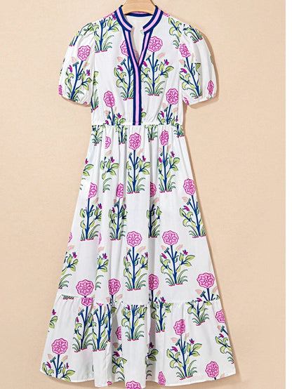 Boho Vacation Geo Smocked Black Pink Wavy Trimmed Tiered Maxi Long Dress V Neck Versatile Summer Dress For Women
