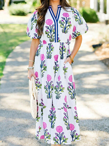 Boho Vacation Geo Smocked Black Pink Wavy Trimmed Tiered Maxi Long Dress V Neck Versatile Summer Dress For Women