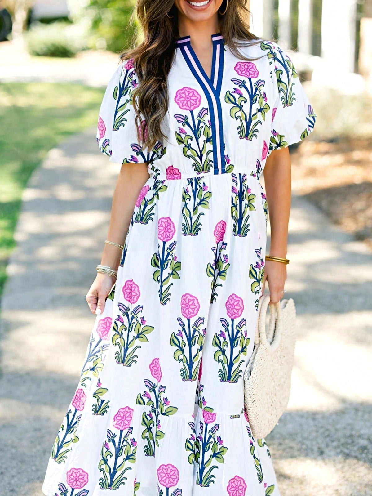 Boho Vacation Geo Smocked Black Pink Wavy Trimmed Tiered Maxi Long Dress V Neck Versatile Summer Dress For Women