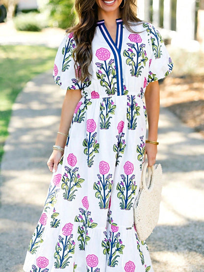 Boho Vacation Geo Smocked Black Pink Wavy Trimmed Tiered Maxi Long Dress V Neck Versatile Summer Dress For Women