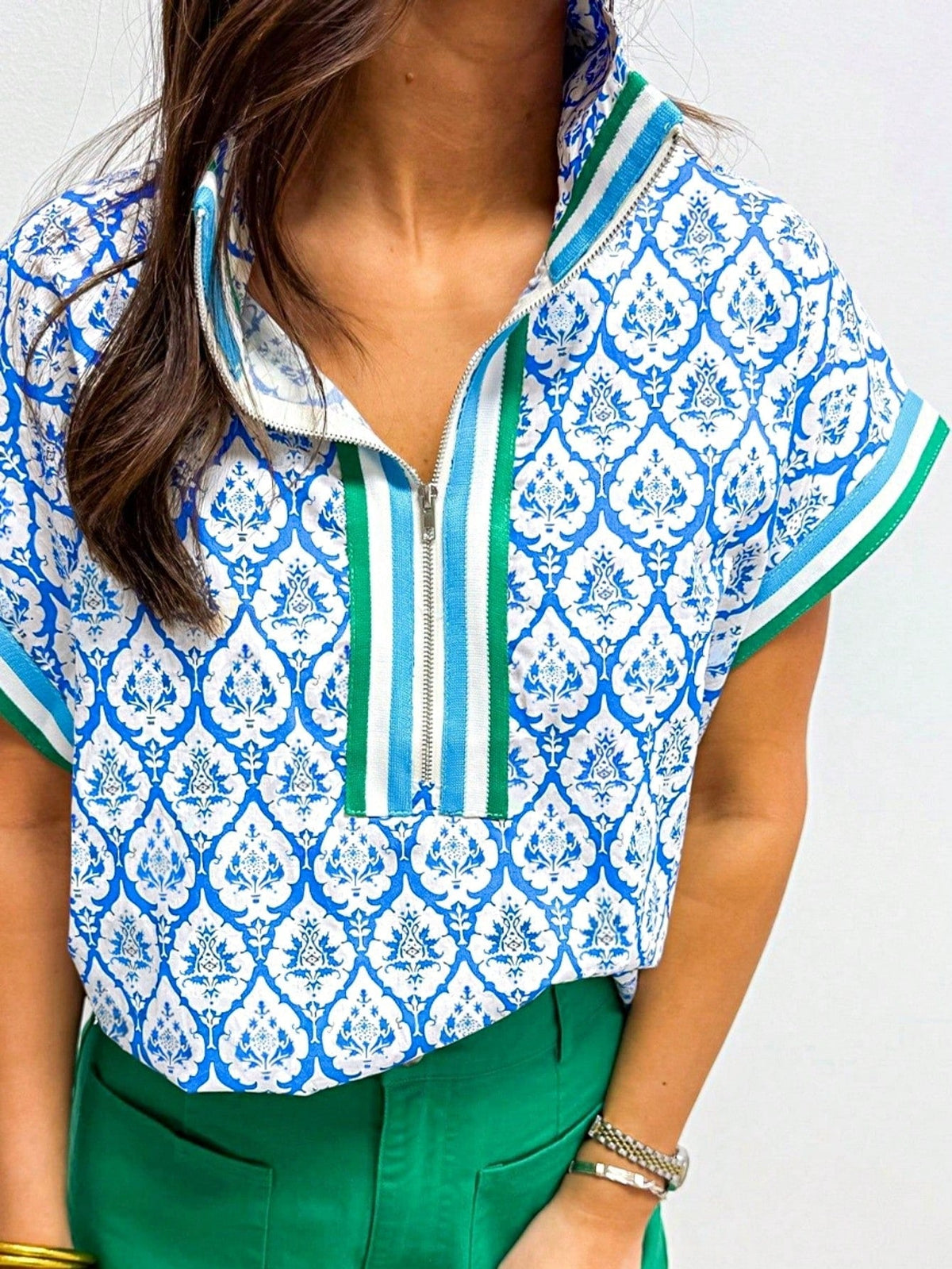 Boho Retro Vintage 60's Vibe Rose Red Floral Pleated Blue Stripe Dolman Bat Wing Ivory Whited Top Shirt Blouse