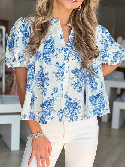 Boho Retro Vintage 60's Vibe Rose Red Floral Pleated Blue Stripe Dolman Bat Wing Ivory Whited Top Shirt Blouse