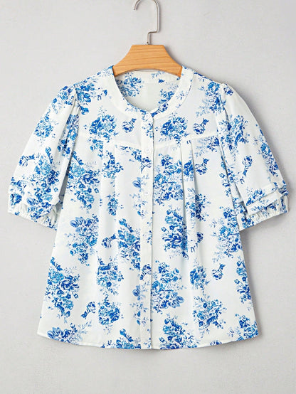 Boho Retro Vintage 60's Vibe Rose Red Floral Pleated Blue Stripe Dolman Bat Wing Ivory Whited Top Shirt Blouse