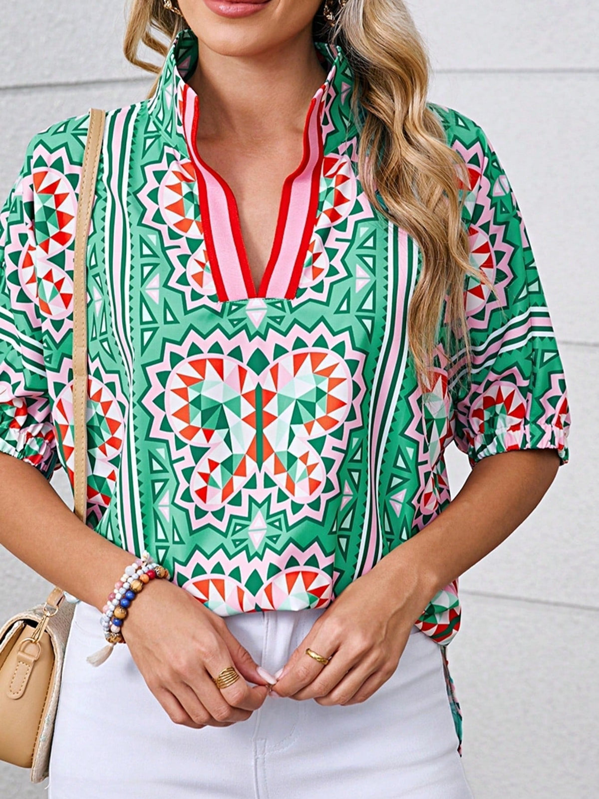 Boho Retro Vintage Viscose 90's Khaki Beige Apricot Ruffle V Neck Half Sleeve Loose Top Shirt Blouse