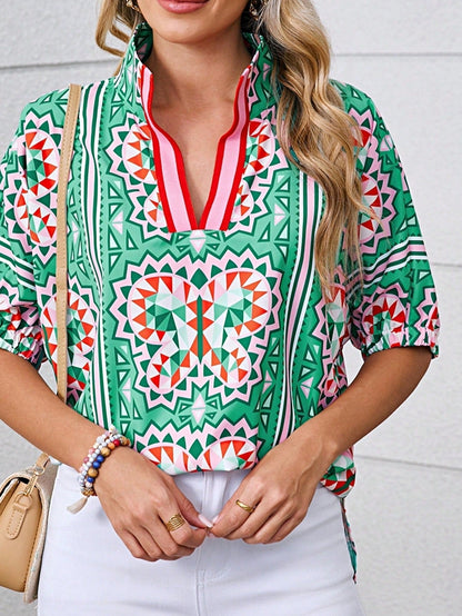Boho Retro Vintage Viscose 90's Khaki Beige Apricot Ruffle V Neck Half Sleeve Loose Top Shirt Blouse
