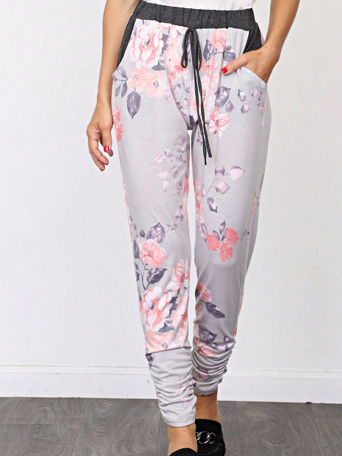 Boho Retro 90's Tie Dye Pink Blue Solid Olive Navy Black Charcoal  Grey Shirred Ruched Cuff  Jogger Pants With Drawstring And Pocket