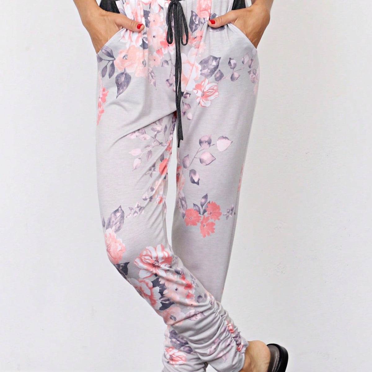 Boho Retro 90's Tie Dye Pink Blue Solid Olive Navy Black Charcoal  Grey Shirred Ruched Cuff  Jogger Pants With Drawstring And Pocket