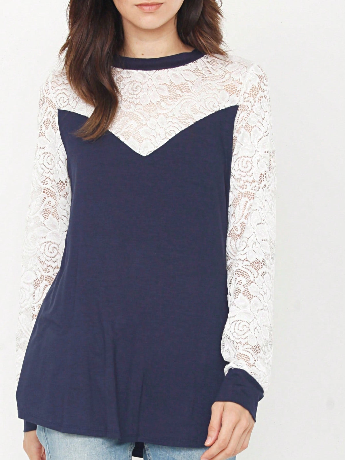 Gold Red Lace Hollow Eyelet Rayon Soft Long  Sleeve Raglan Tunic Top Band Hem Shirt
