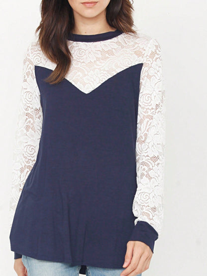 Gold Red Lace Hollow Eyelet Rayon Soft Long  Sleeve Raglan Tunic Top Band Hem Shirt