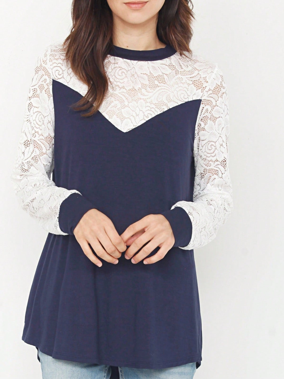Gold Red Lace Hollow Eyelet Rayon Soft Long  Sleeve Raglan Tunic Top Band Hem Shirt
