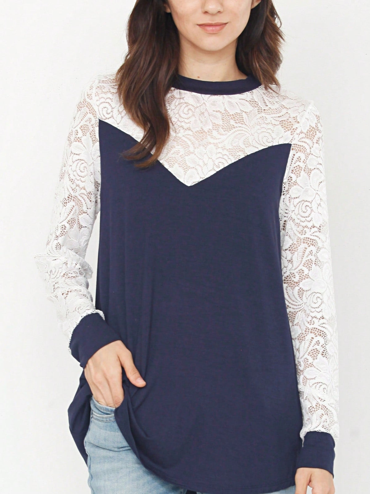 Gold Red Lace Hollow Eyelet Rayon Soft Long  Sleeve Raglan Tunic Top Band Hem Shirt