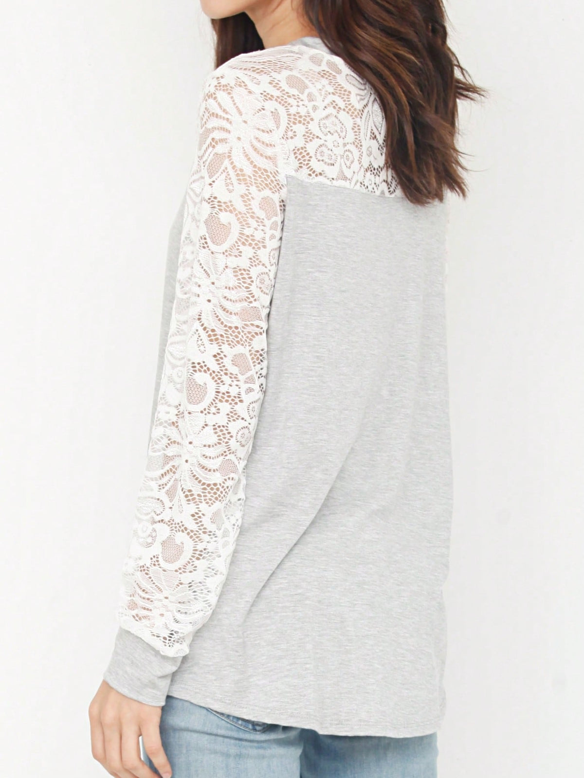 Gold Red Lace Hollow Eyelet Rayon Soft Long  Sleeve Raglan Tunic Top Band Hem Shirt