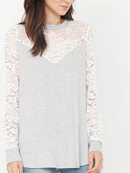Gold Red Lace Hollow Eyelet Rayon Soft Long  Sleeve Raglan Tunic Top Band Hem Shirt