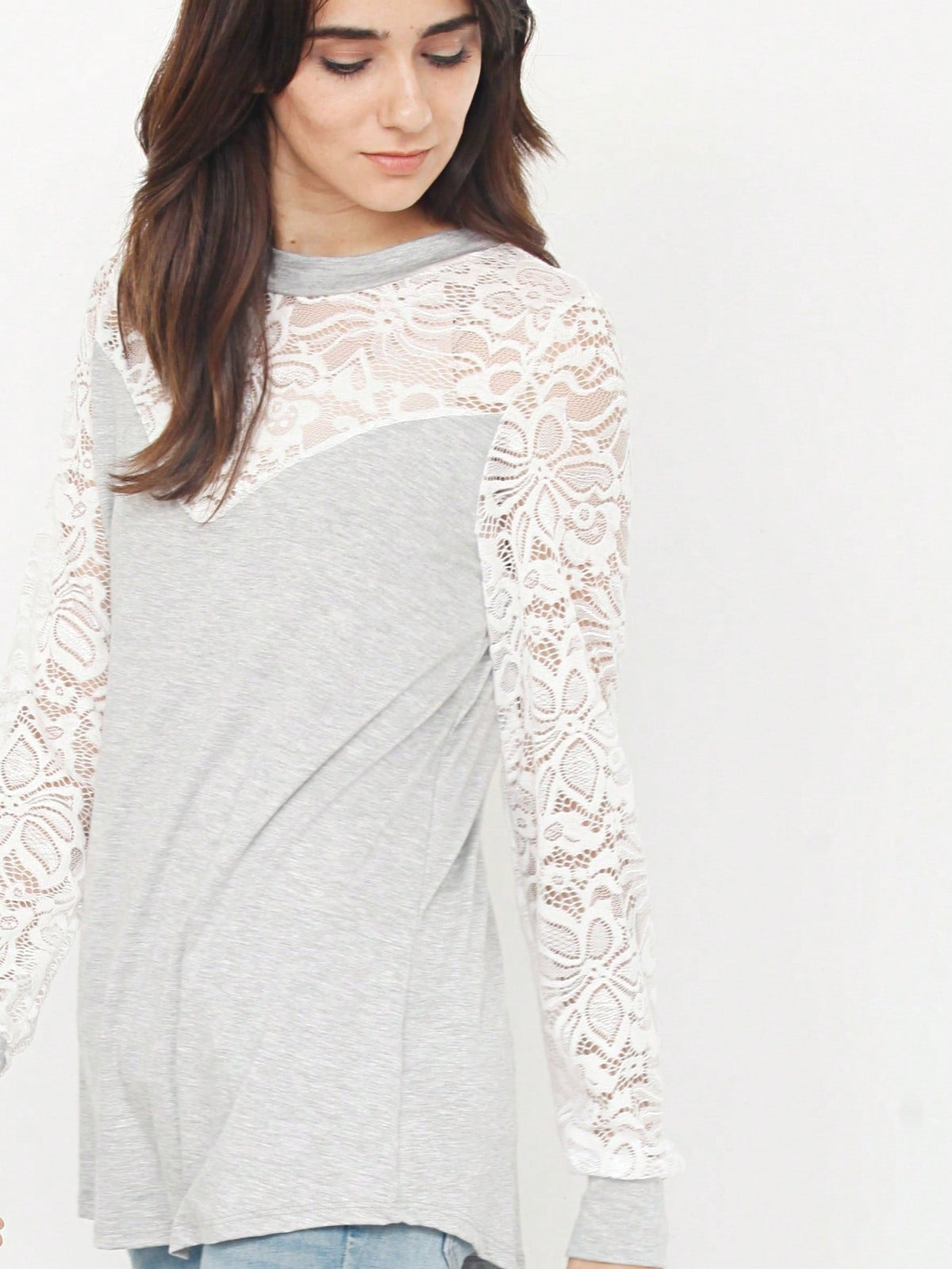 Gold Red Lace Hollow Eyelet Rayon Soft Long  Sleeve Raglan Tunic Top Band Hem Shirt