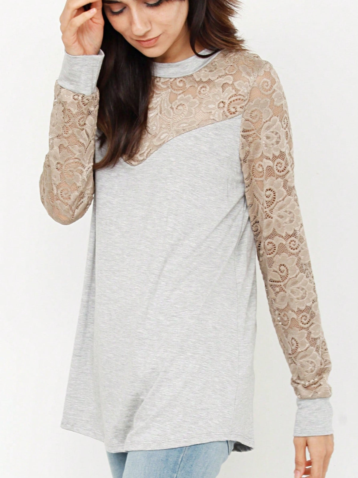 Gold Red Lace Hollow Eyelet Rayon Soft Long  Sleeve Raglan Tunic Top Band Hem Shirt