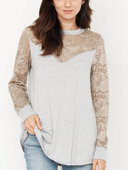 Gold Red Lace Hollow Eyelet Rayon Soft Long  Sleeve Raglan Tunic Top Band Hem Shirt
