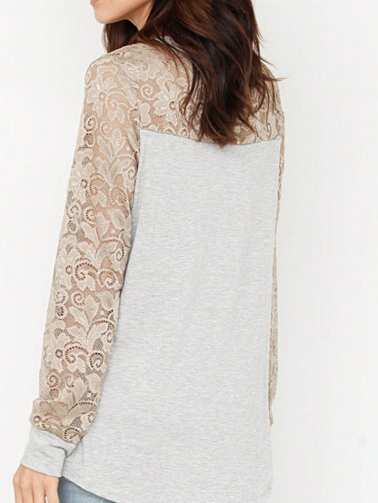 Gold Red Lace Hollow Eyelet Rayon Soft Long  Sleeve Raglan Tunic Top Band Hem Shirt