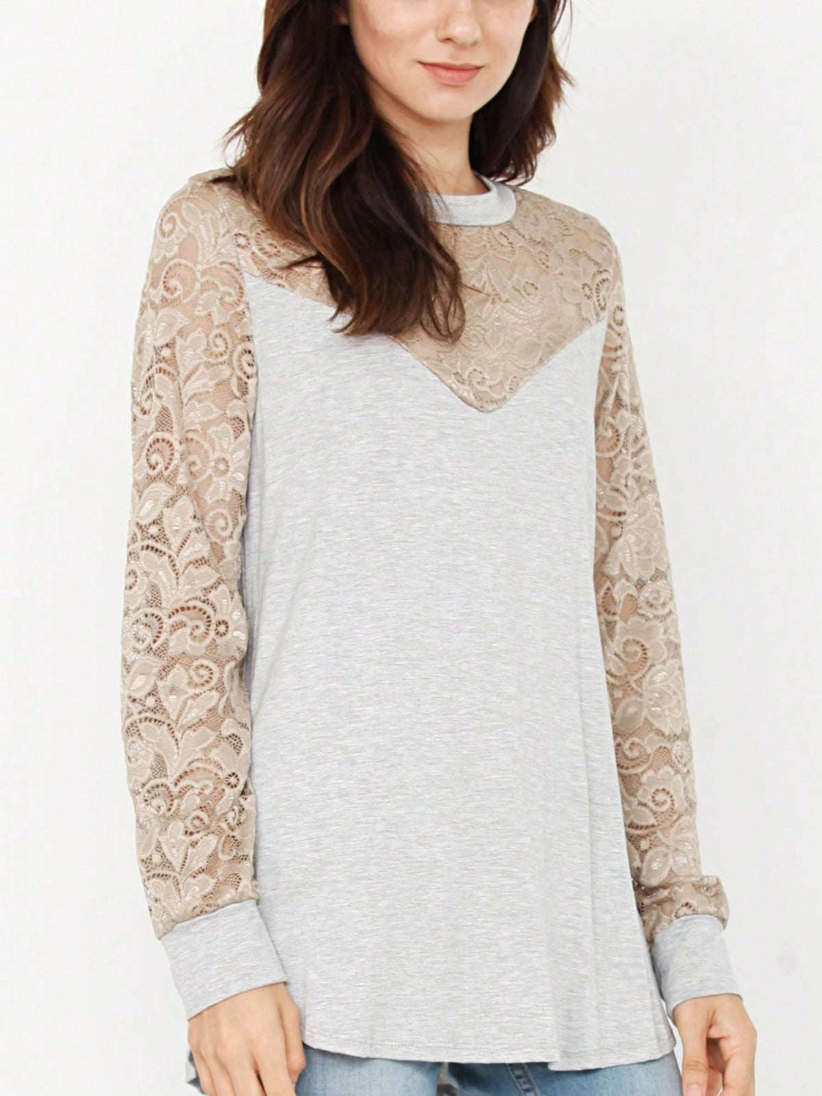 Gold Red Lace Hollow Eyelet Rayon Soft Long  Sleeve Raglan Tunic Top Band Hem Shirt