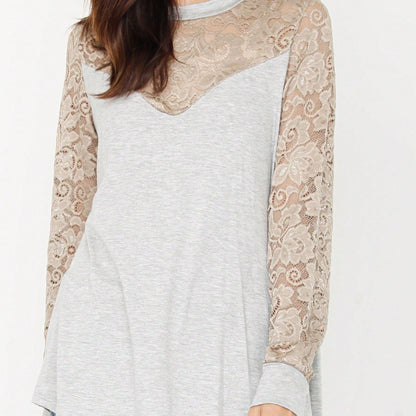Gold Red Lace Hollow Eyelet Rayon Soft Long  Sleeve Raglan Tunic Top Band Hem Shirt