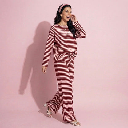 Anna-Kaci Women's 2-Piece Set Long Sleeve Striped Pajama Top and Relaxed Fit Lounge Pants with Soft Stretch Fabric