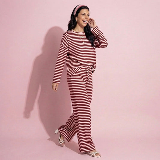 Anna-Kaci Women's 2-Piece Set Long Sleeve Striped Pajama Top and Relaxed Fit Lounge Pants with Soft Stretch Fabric