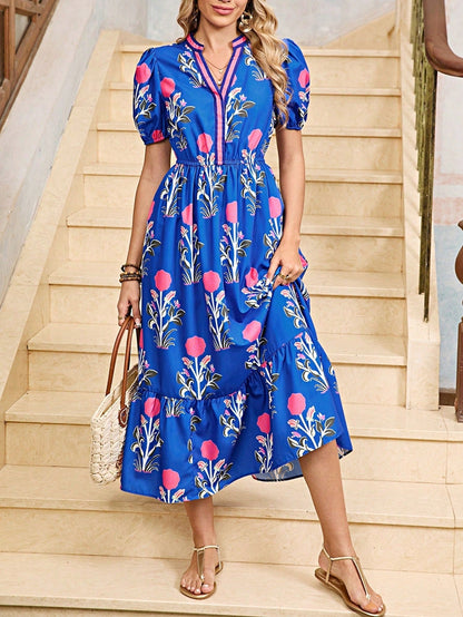 Boho Vacation Geo Smocked Black Pink Wavy Trimmed Tiered Maxi Long Dress V Neck Versatile Summer Dress For Women