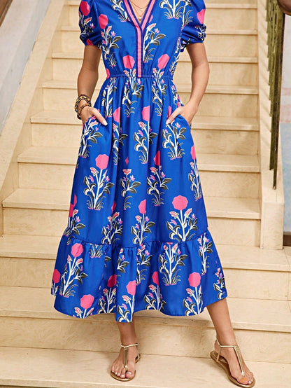 Boho Vacation Geo Smocked Black Pink Wavy Trimmed Tiered Maxi Long Dress V Neck Versatile Summer Dress For Women