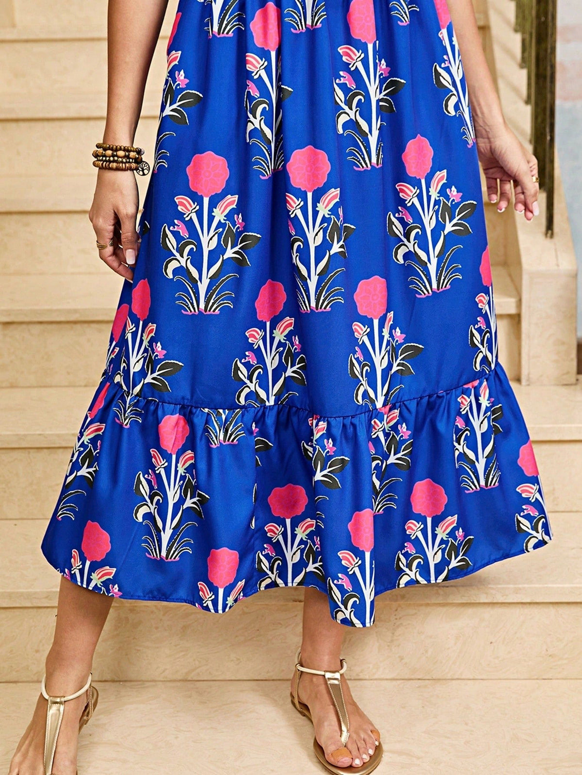 Boho Vacation Geo Smocked Black Pink Wavy Trimmed Tiered Maxi Long Dress V Neck Versatile Summer Dress For Women