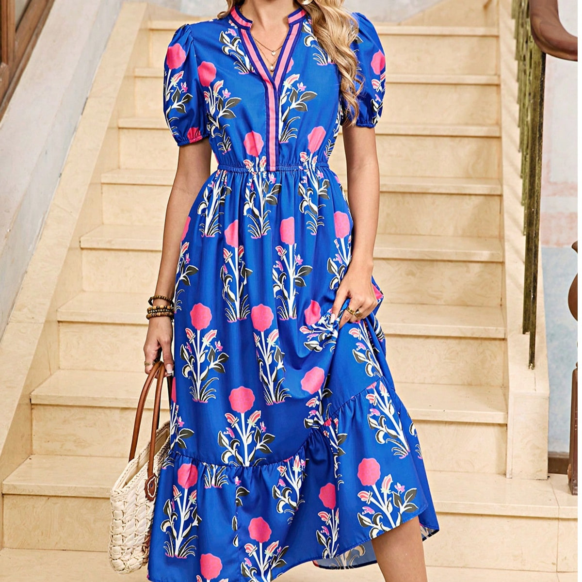 Boho Vacation Geo Smocked Black Pink Wavy Trimmed Tiered Maxi Long Dress V Neck Versatile Summer Dress For Women