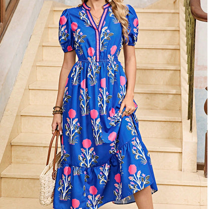Boho Vacation Geo Smocked Black Pink Wavy Trimmed Tiered Maxi Long Dress V Neck Versatile Summer Dress For Women