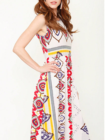Boho Retro Polka Dot Rayon Mix Casual  Maxi Dress With Folded Cap Sleeve Side Pockets Versatile Summer Dress For Women