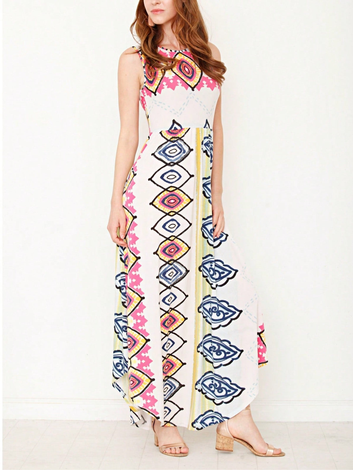 Boho Retro Polka Dot Rayon Mix Casual  Maxi Dress With Folded Cap Sleeve Side Pockets Versatile Summer Dress For Women