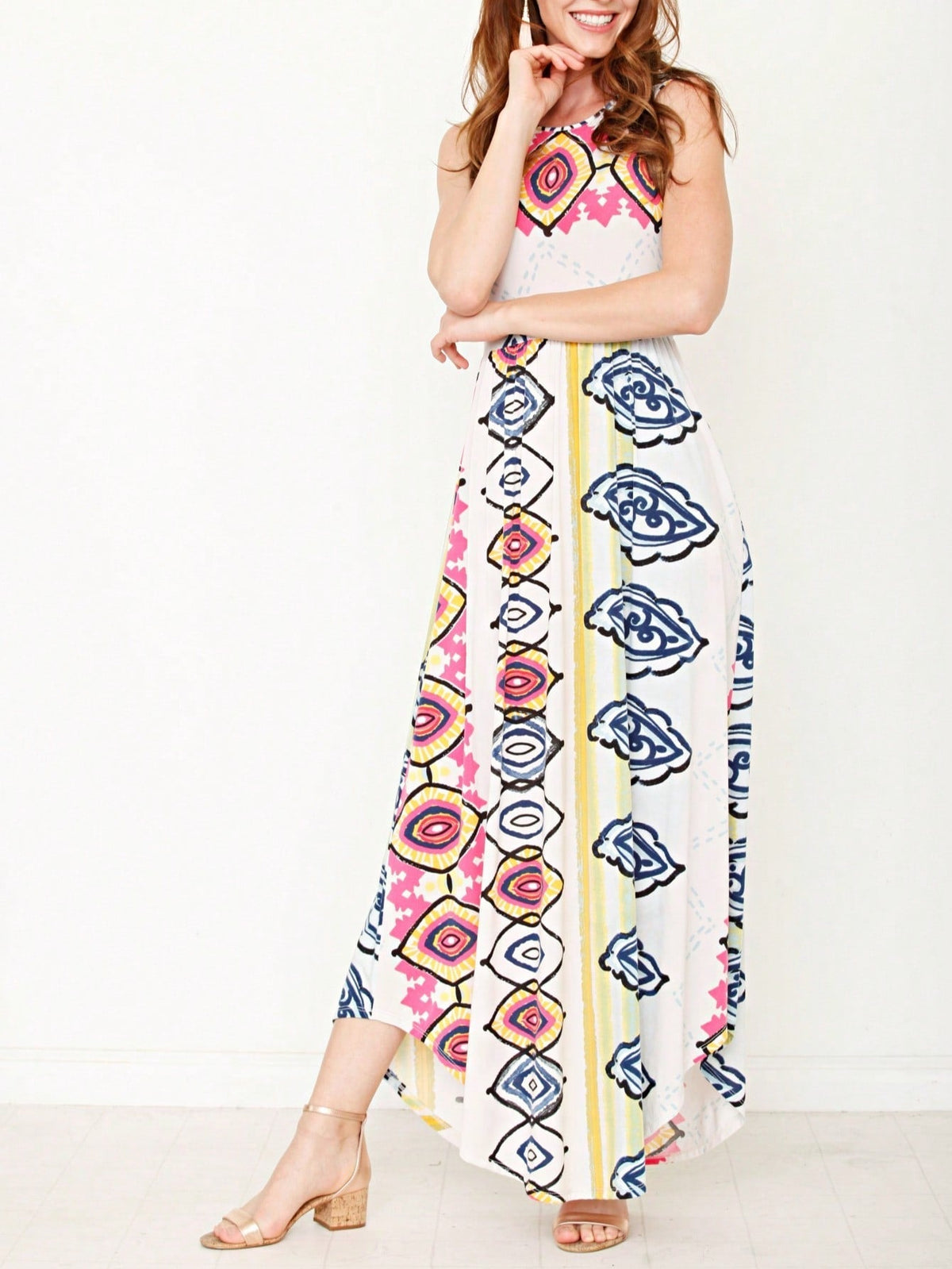 Boho Retro Polka Dot Rayon Mix Casual  Maxi Dress With Folded Cap Sleeve Side Pockets Versatile Summer Dress For Women