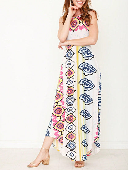 Boho Retro Polka Dot Rayon Mix Casual  Maxi Dress With Folded Cap Sleeve Side Pockets Versatile Summer Dress For Women