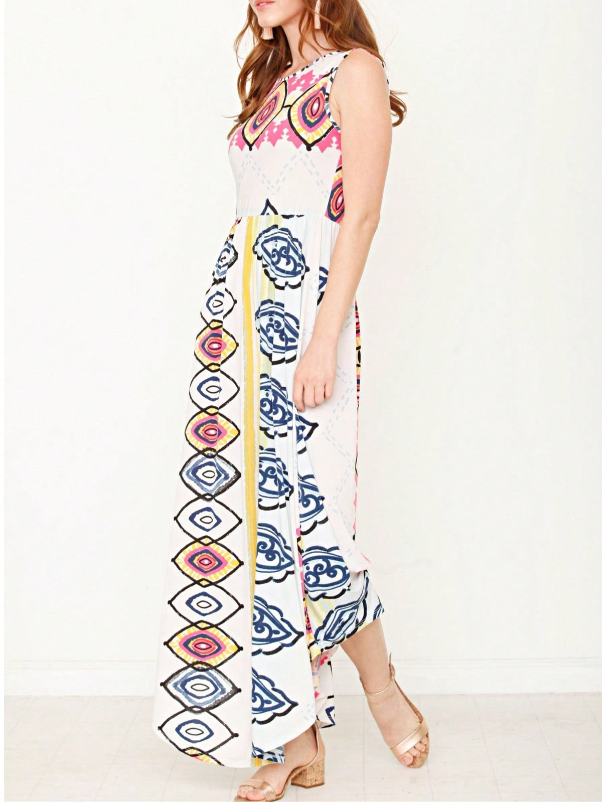 Boho Retro Polka Dot Rayon Mix Casual  Maxi Dress With Folded Cap Sleeve Side Pockets Versatile Summer Dress For Women