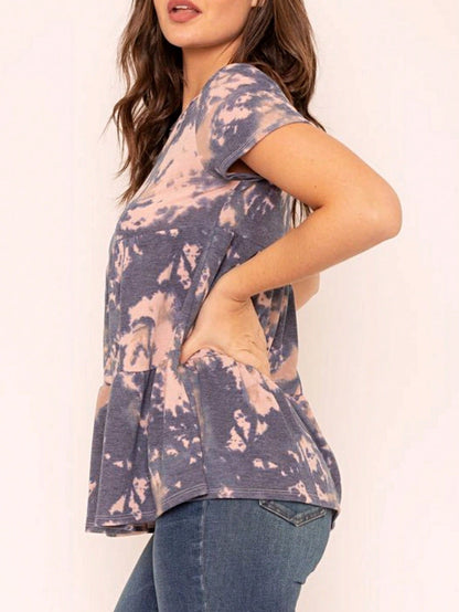 Brushed Boho Retro Vintage 60's Tiered Tie Dye Light Pink Blue Short Sleeve Tunic Shirt Top