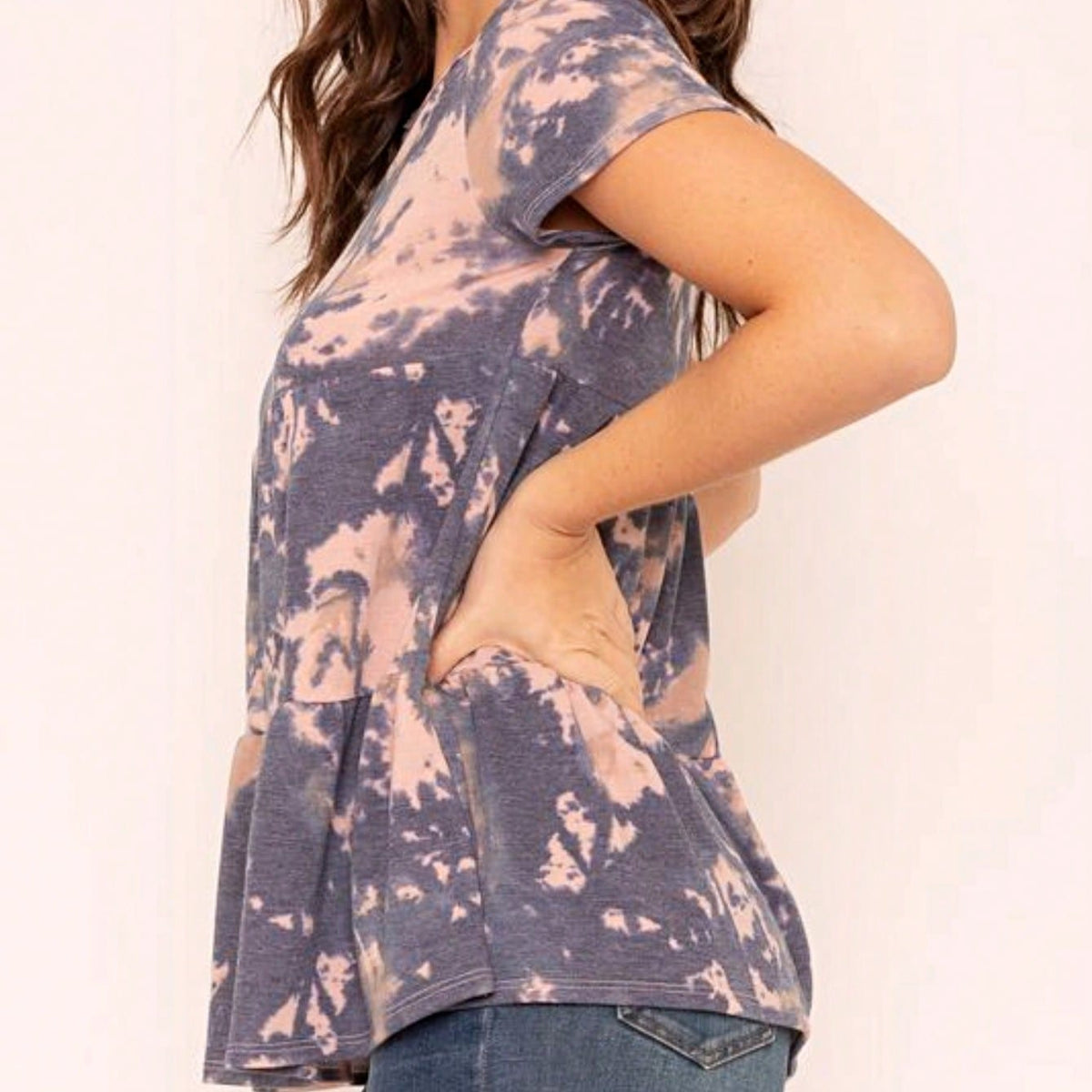 Brushed Boho Retro Vintage 60's Tiered Tie Dye Light Pink Blue Short Sleeve Tunic Shirt Top