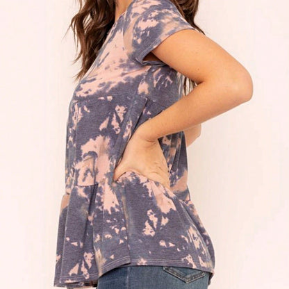 Brushed Boho Retro Vintage 60's Tiered Tie Dye Light Pink Blue Short Sleeve Tunic Shirt Top