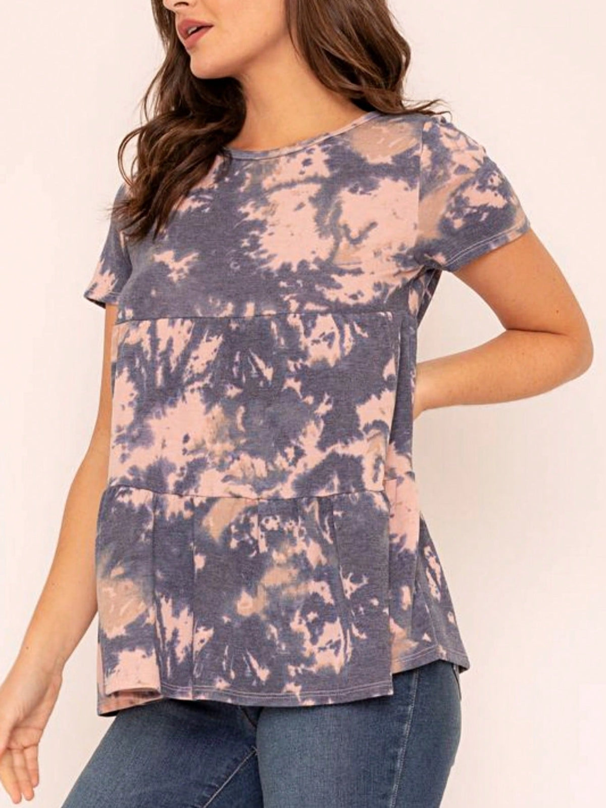 Brushed Boho Retro Vintage 60's Tiered Tie Dye Light Pink Blue Short Sleeve Tunic Shirt Top