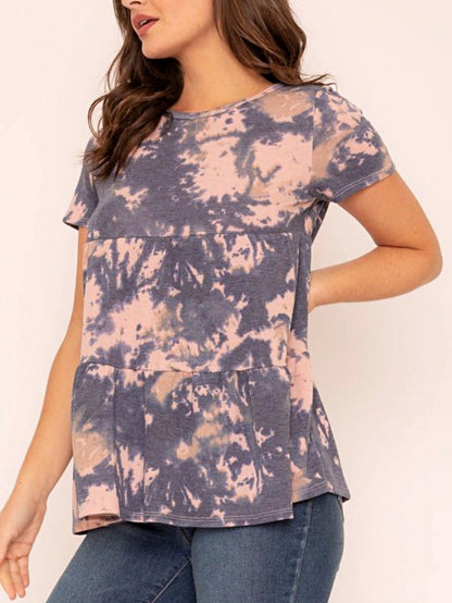 Brushed Boho Retro Vintage 60's Tiered Tie Dye Light Pink Blue Short Sleeve Tunic Shirt Top