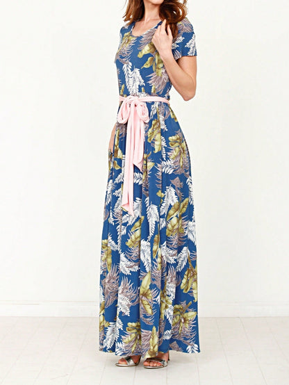 Boho Retro Polka Dot Rayon Mix Casual  Maxi Dress With Folded Cap Sleeve Side Pockets Versatile Summer Dress For Women